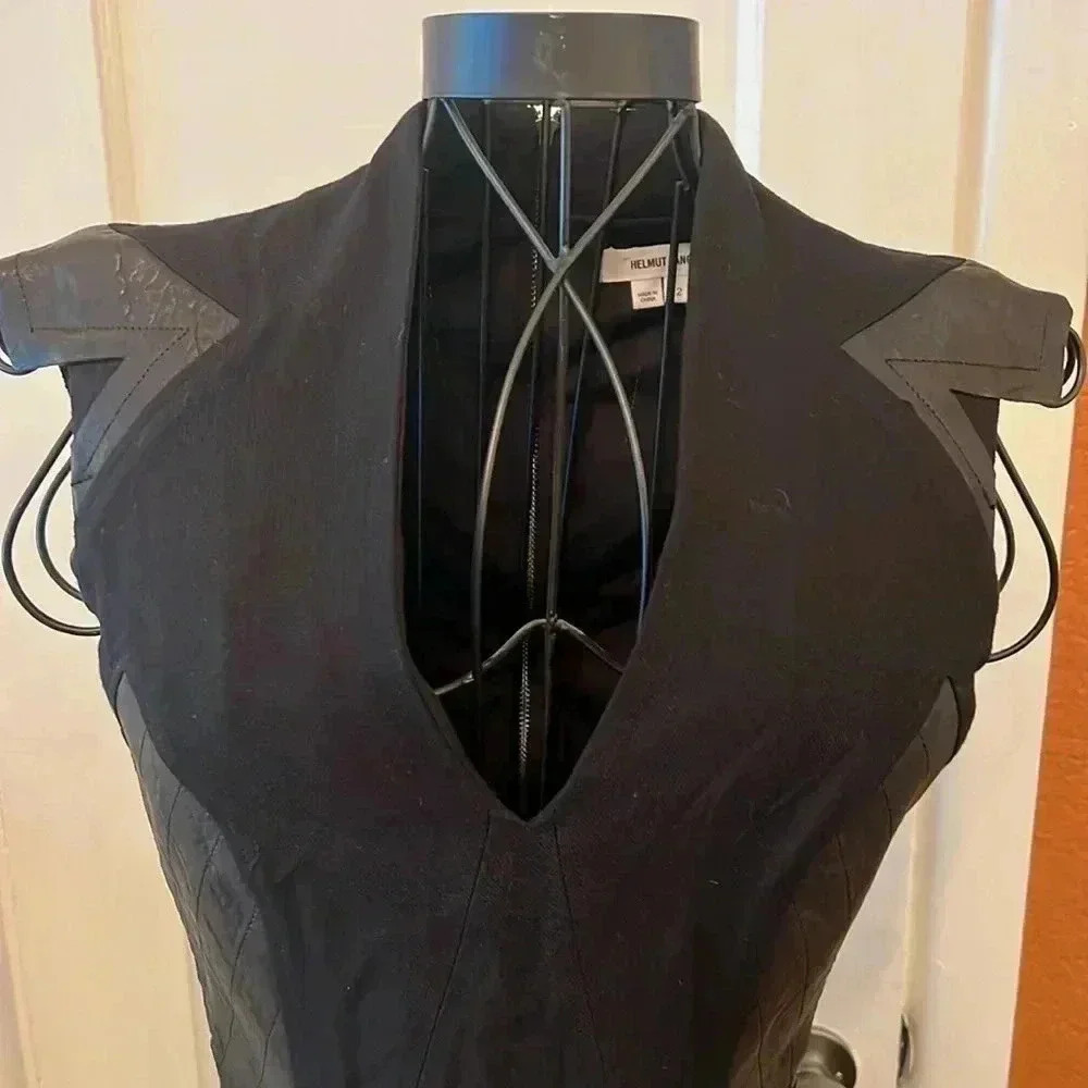 Helmut Lang Black Wool and Blistered Leather Panel Dress-Sz 2 - Picture 4 of 6